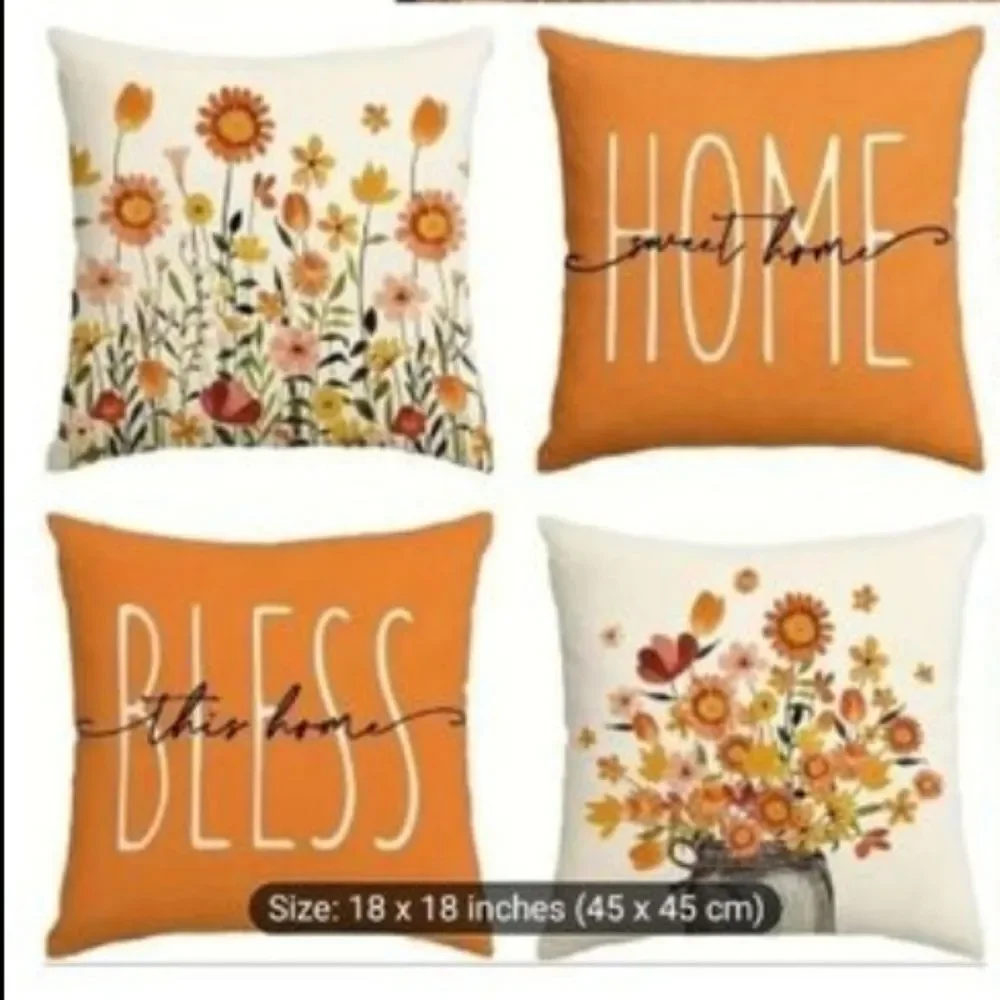 Floral and Text Decorative Pillow Case Set Of 4- Orange White And White